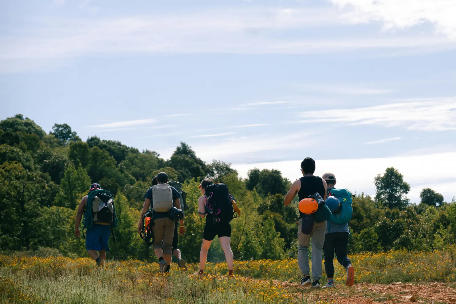 Friends with backpacks walking away across a field of yellow flowers on a trip.