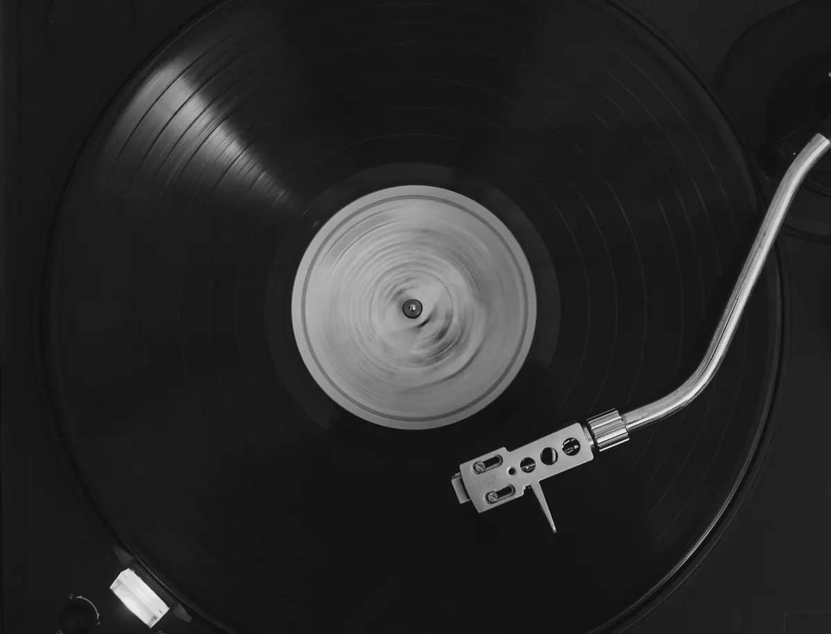 A record spinning on a turntable, seen from above.