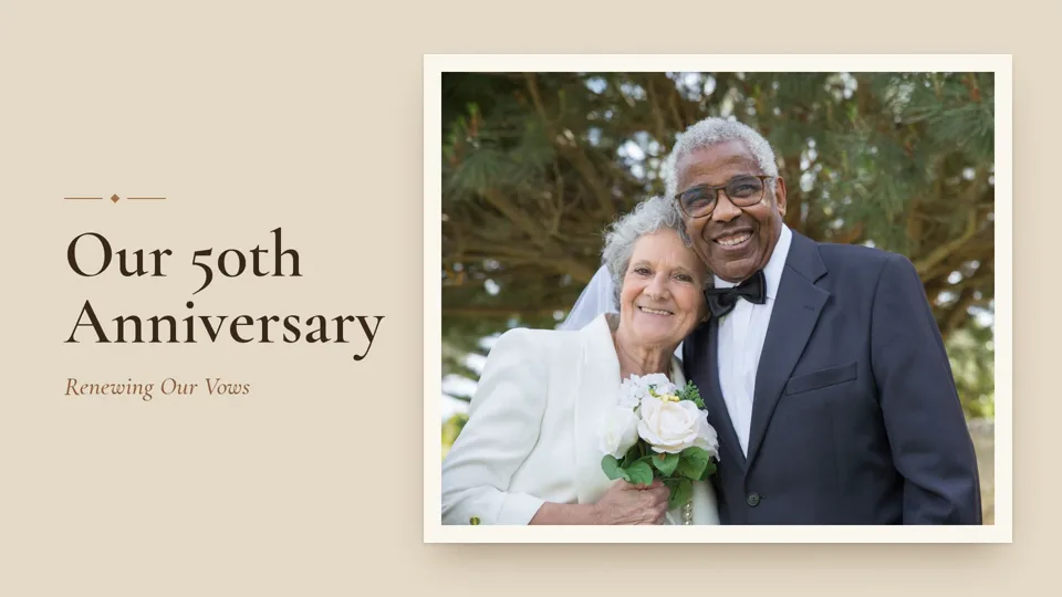 An older couple smiling in wedding clothes in a garden, beside the title Our 50th Anniversary