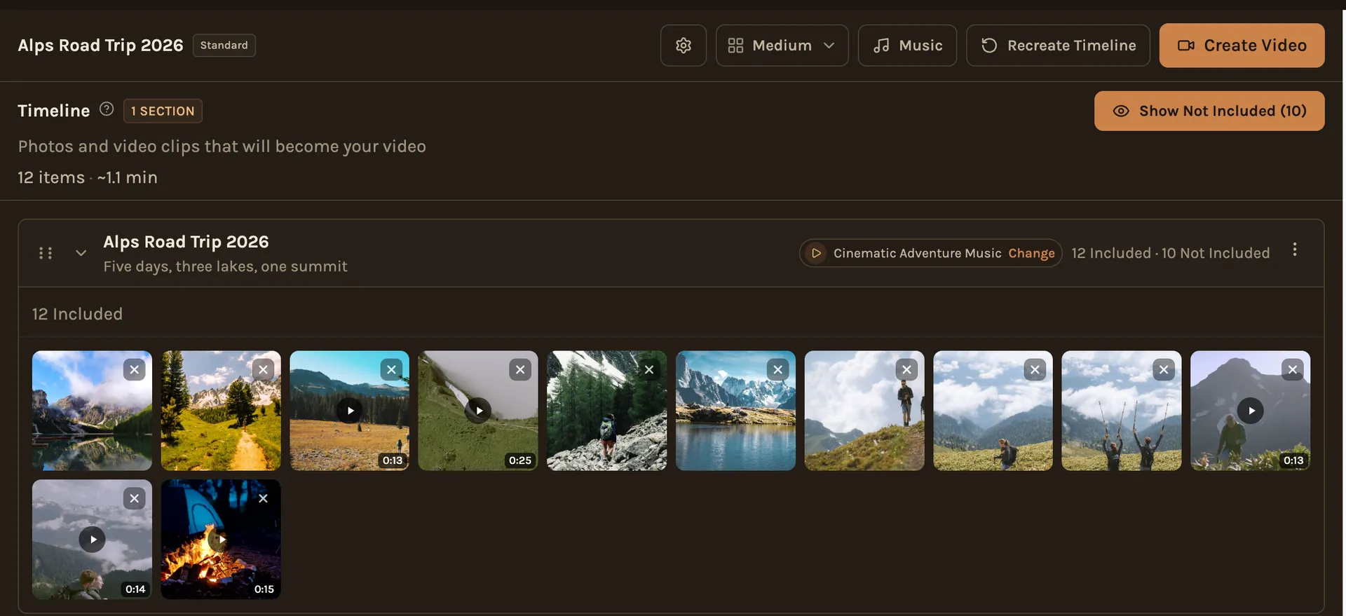 A trip timeline in Kindred Reels, with the best photos and clips picked, put in order and set to music.