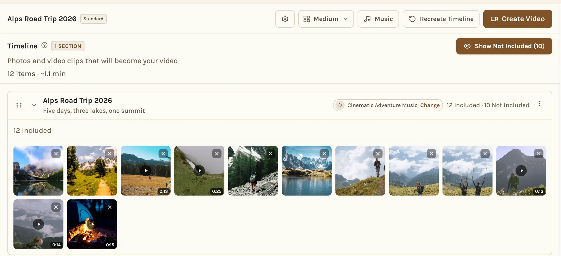 A trip timeline in Kindred Reels, with the best photos and clips picked, put in order and set to music.