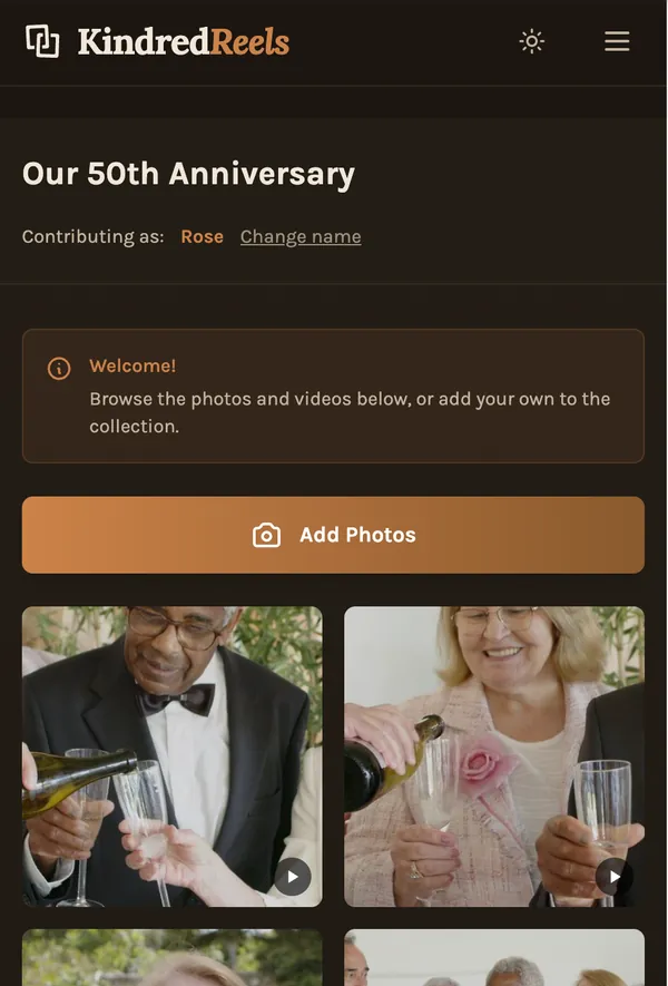 What a guest sees on their phone after opening the link: the photos already added, and a button to add their own.
