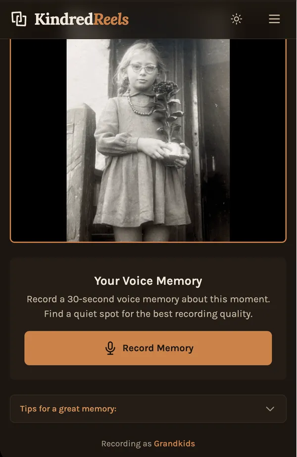A relative's phone, ready to record a short voice memory about an old family photo.