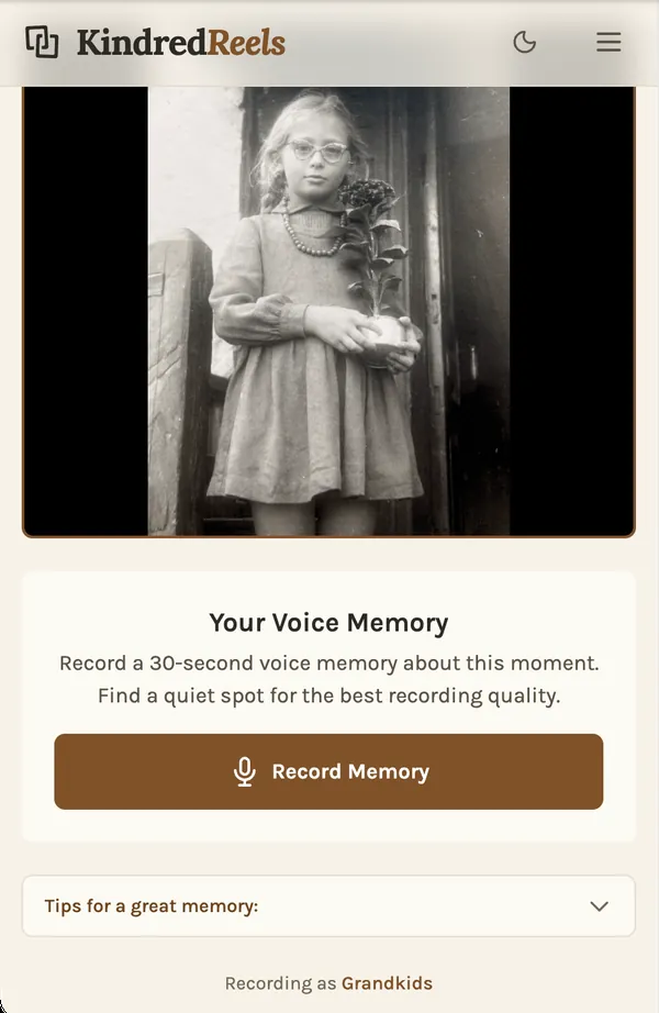 A relative's phone, ready to record a short voice memory about an old family photo.